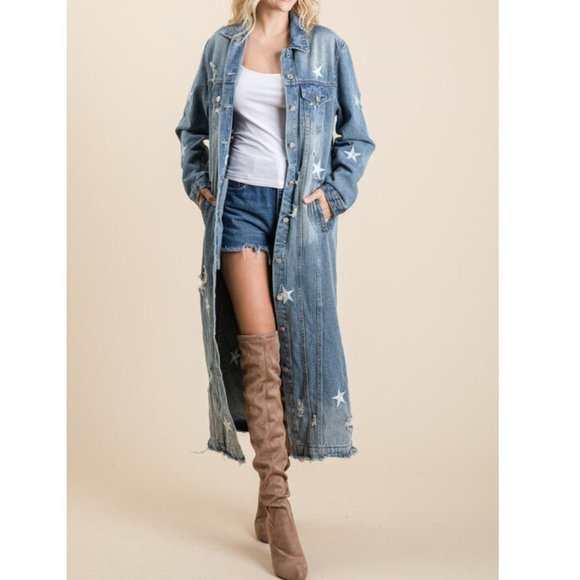 SOLD OUT Plus Star Distressed Long Denim Jean Jacket Coat - Picture 6 of 9